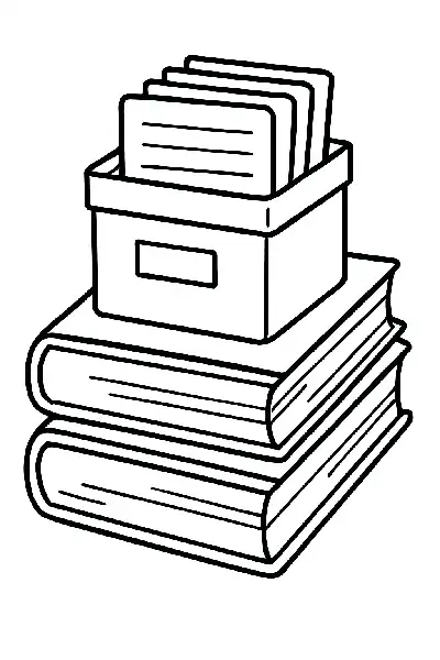 Bücherstapel mit Karteikartenbox