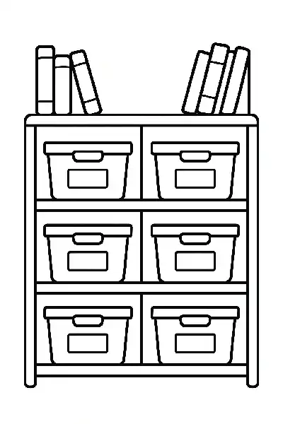 Holzregal mit Bücher und Boxen
