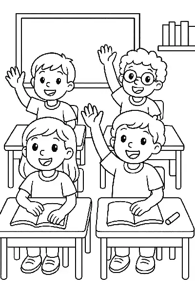 Schüler im Klassenzimmer heben Hände