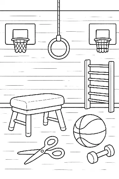 Sporthalle mit Geräten zum Ausmalen