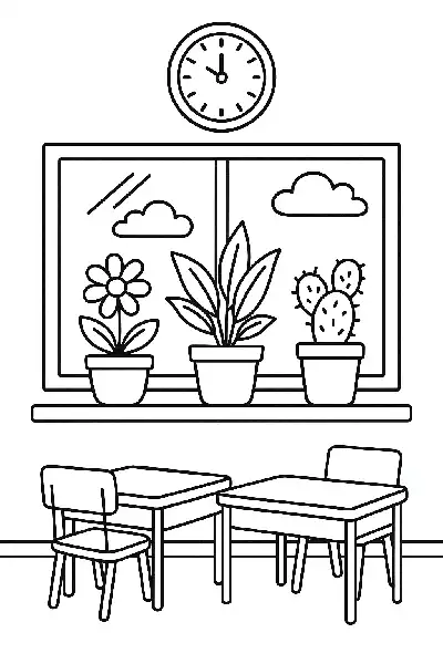 Klassenzimmer mit Fenster und Pflanzen