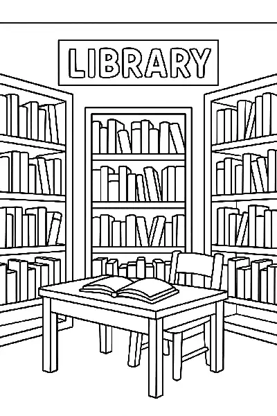 Bibliothek im Cartoon-Stil zum Ausmalen