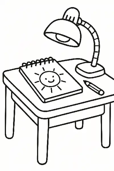 Arbeitsplatz mit Skizzenblock und Lampe