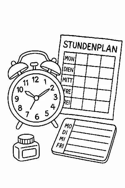 Wecker und Stundenplan Ausmalbild