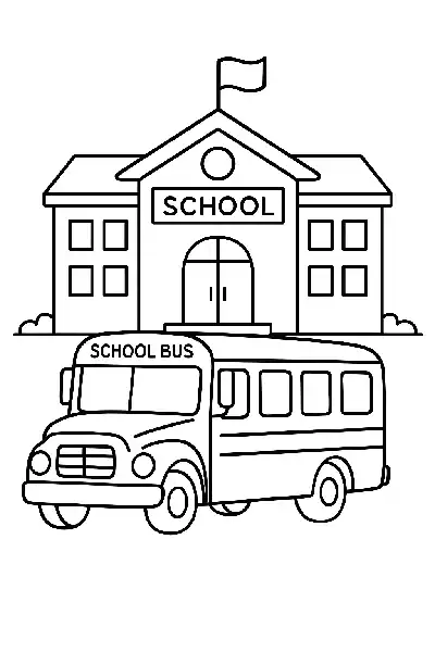 Schulgebäude und Bus zum Ausmalen