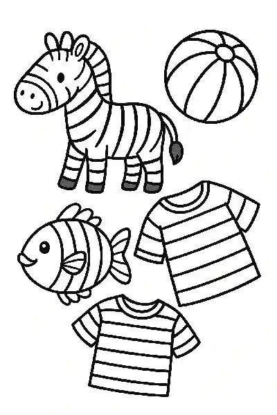 Gestreifte Tiere und Gegenstände zum Ausmalen