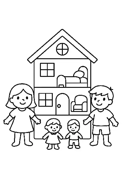 Puppenhaus mit Figuren zum Ausmalen