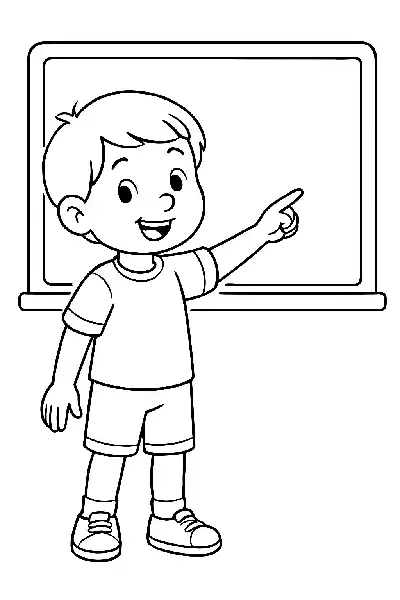 Junge zeigt auf die Tafel