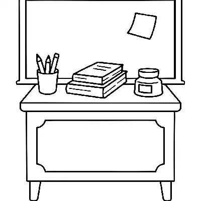 Lehrertisch im Klassenzimmer zum Ausmalen