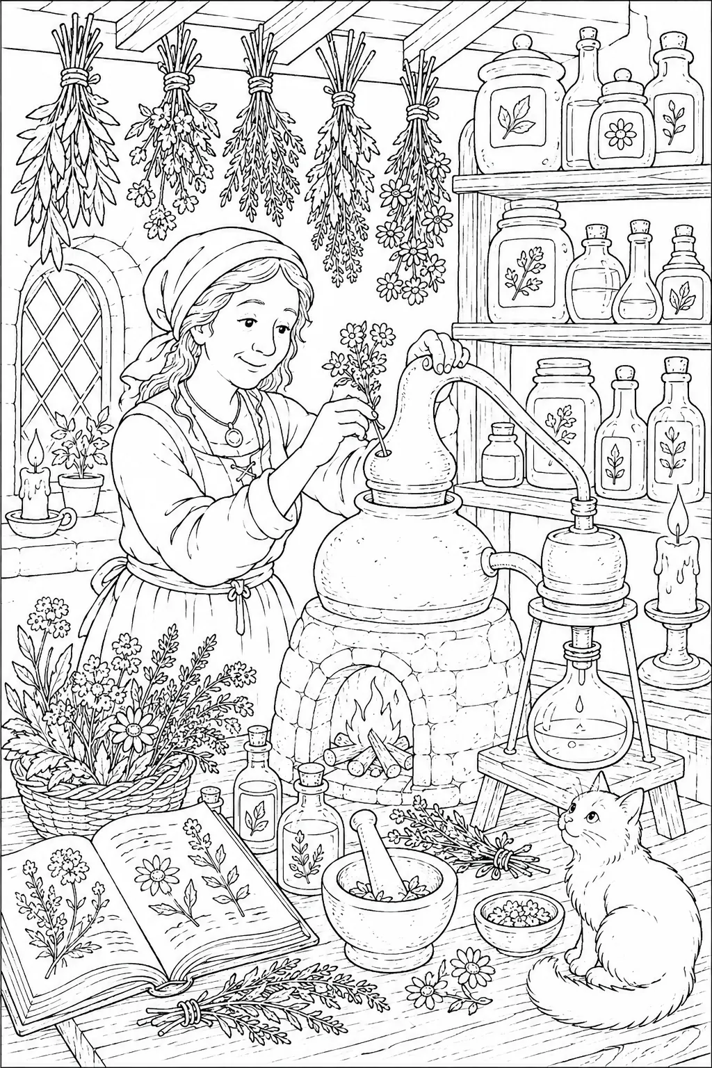 Ausmalbild Buchdrucker an hölzerner Gutenberg-Druckpresse mit Lettern und Tintenwalzen