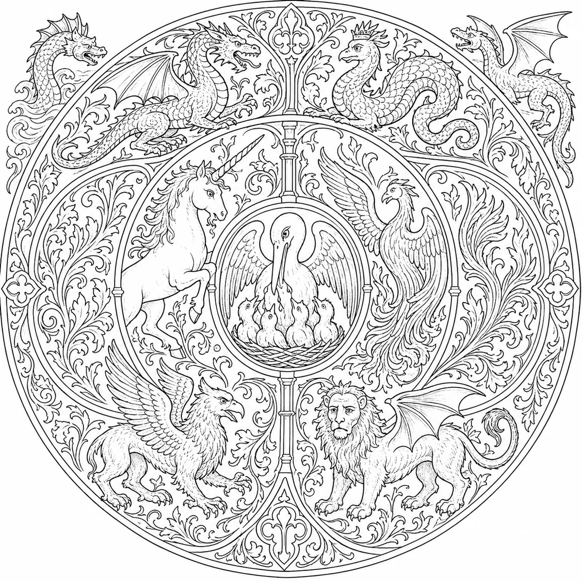 Mandala Ausmalbild mit mittelalterlichen Bestiarien-Tieren: Drache, Einhorn, Phönix, Greif in konzentrischen Ringen