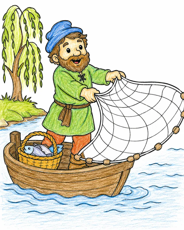 Ausmalbild Fischer im Holzboot wirft Wurfnetz auf Fluss