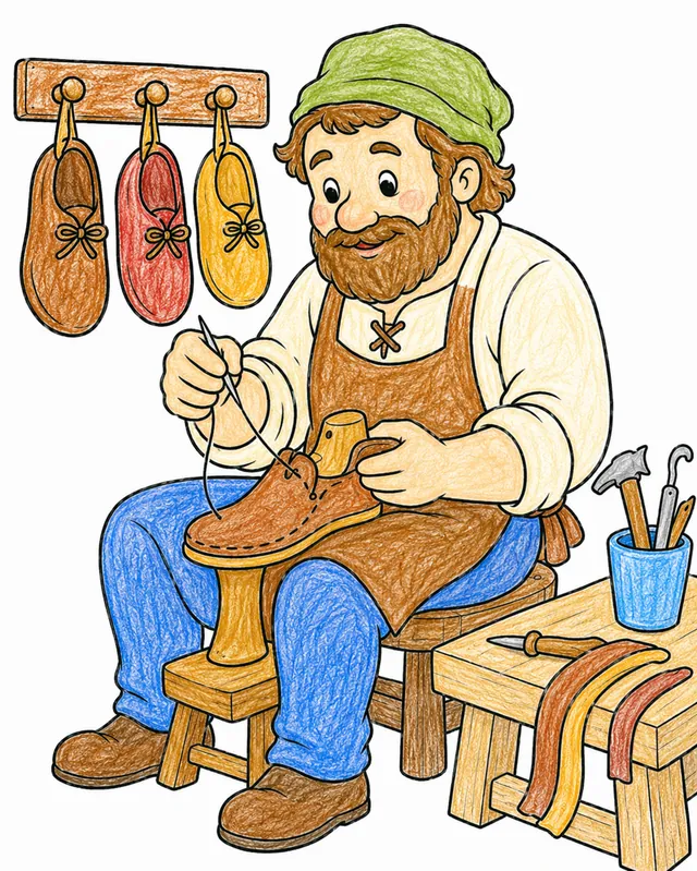 Ausmalbild Schuster auf Hocker näht Lederschuh am Leisten