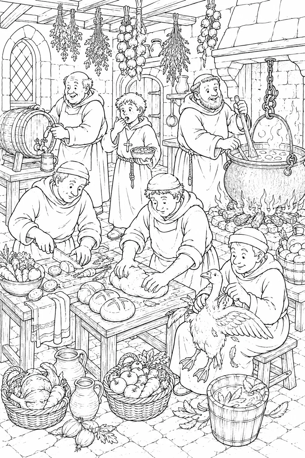 修道院厨房找找看涂色页，正在做饭的修士、大锅和烤箱