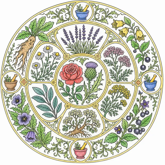 Mandala Ausmalbild mit mittelalterlichen Heilpflanzen: Lavendel, Kamille, Alraune in konzentrischen Ringen