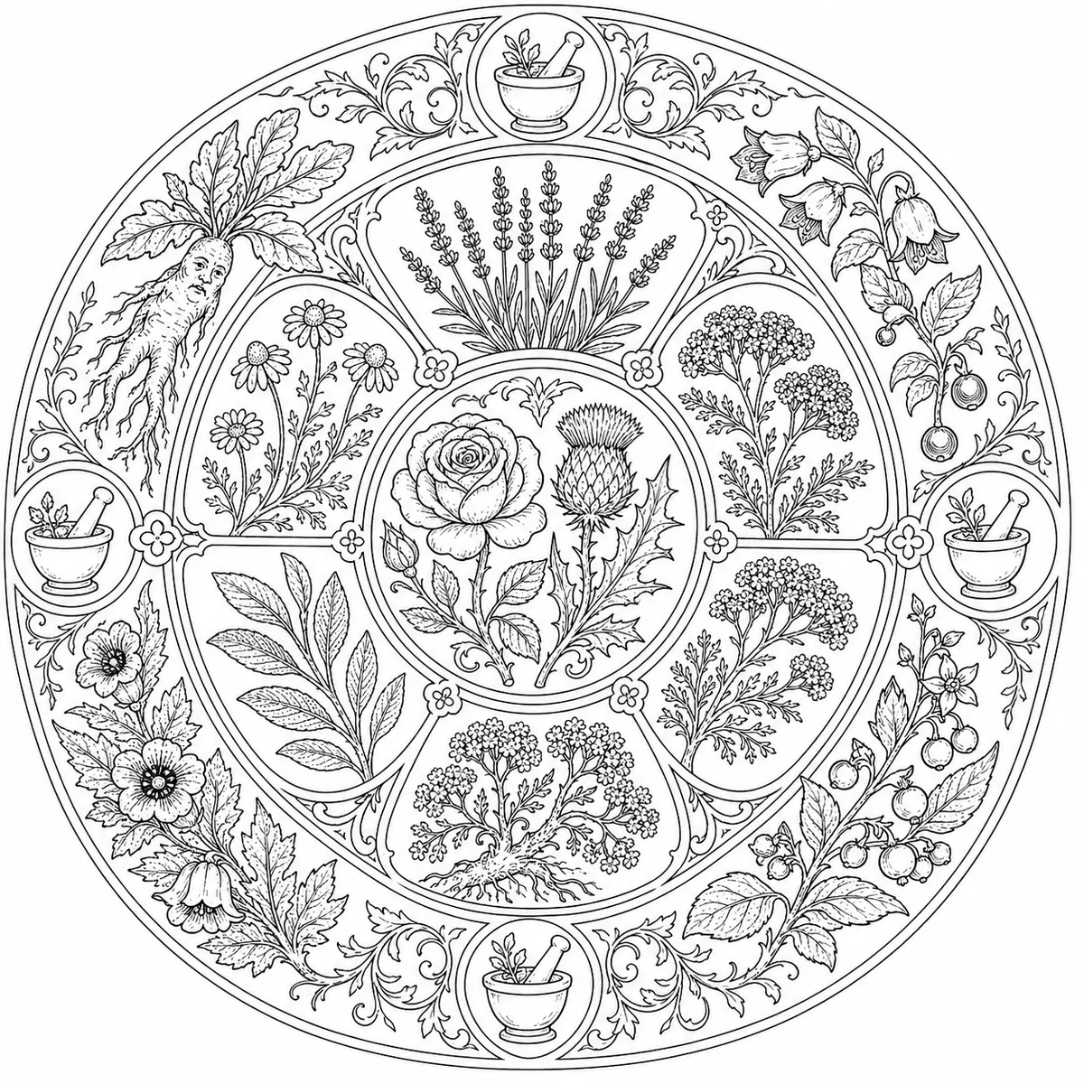 Mandala Ausmalbild mit mittelalterlichen Heilpflanzen: Lavendel, Kamille, Alraune in konzentrischen Ringen