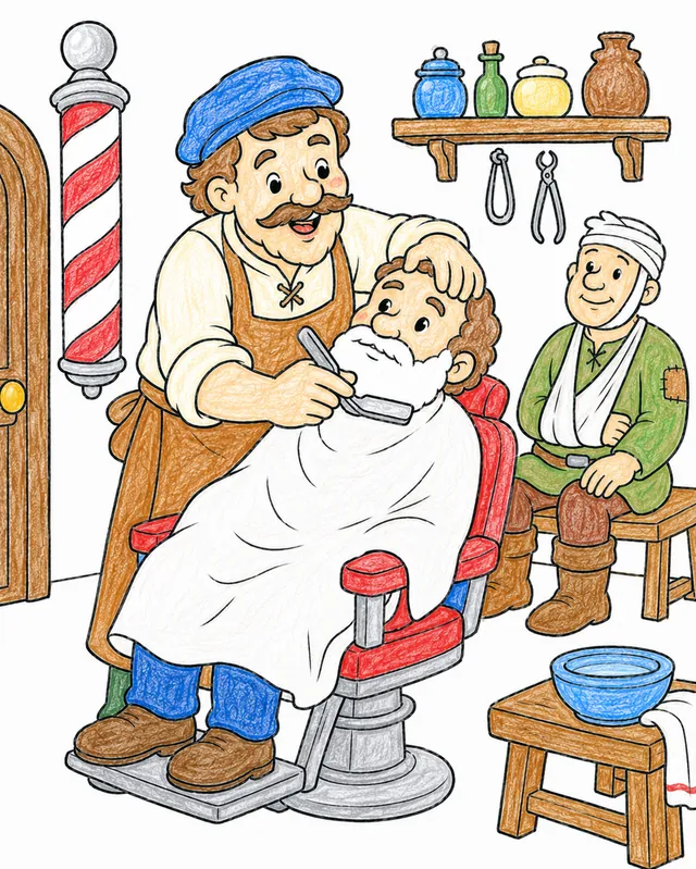 Ausmalbild mittelalterlicher Barbier-Chirurg rasiert Kunden, rot-weißer Barbierpfahl an der Tür