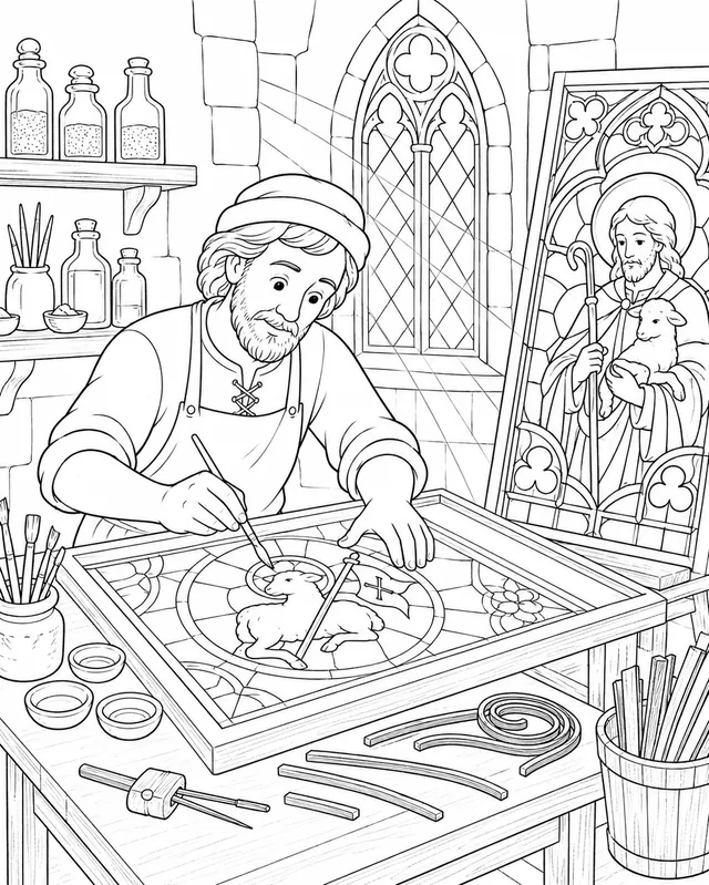 Der Glasmaler entwirft ein Kirchenfenster