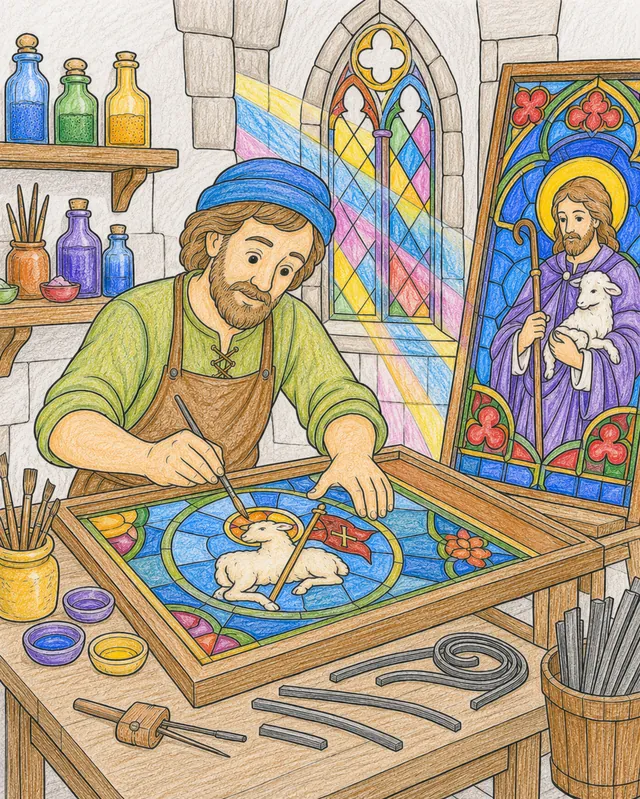 Ausmalbild Glasmaler bemalt Glasscheiben, fertiges Kirchenfenster lehnt daneben, Regenbogenlicht