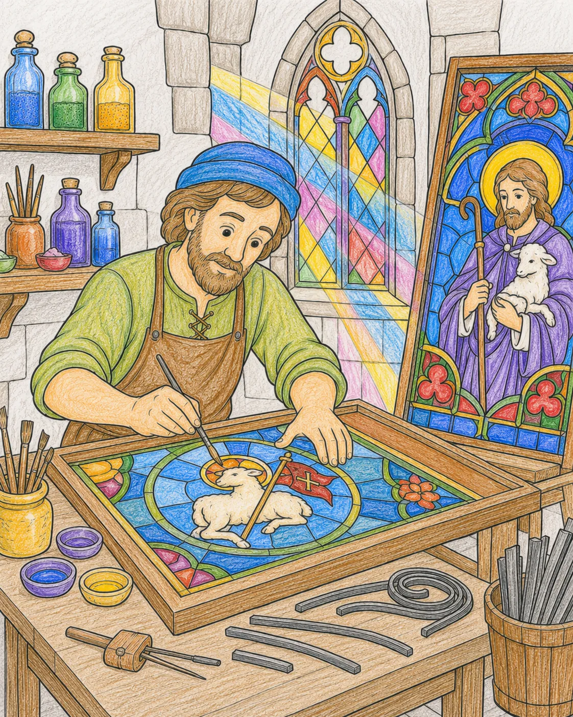 Der Glasmaler entwirft ein Kirchenfenster