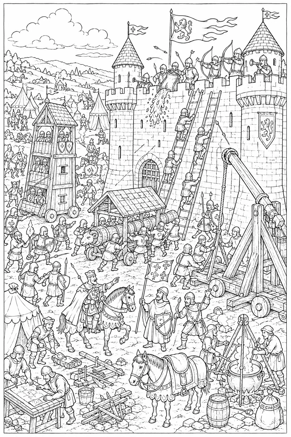 Wimmelbild Ausmalbild Burgbelagerung mit Ritter, Belagerungsturm, Trebuchet und Bogenschützen