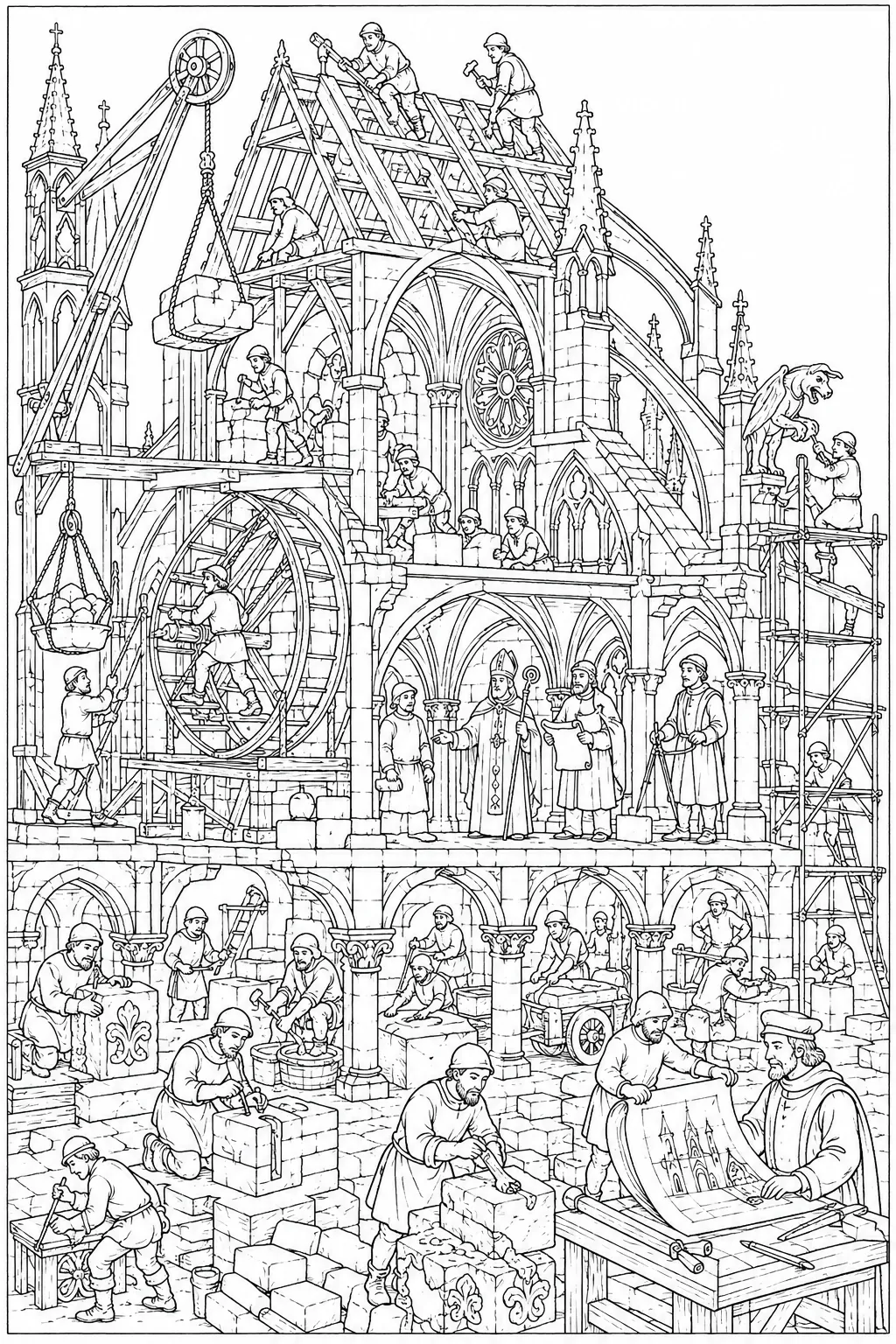 Ausmalbild gotische Kathedrale im Bau im Querschnitt mit Steinmetz, Tretradkran, Gerüst und Strebebogen