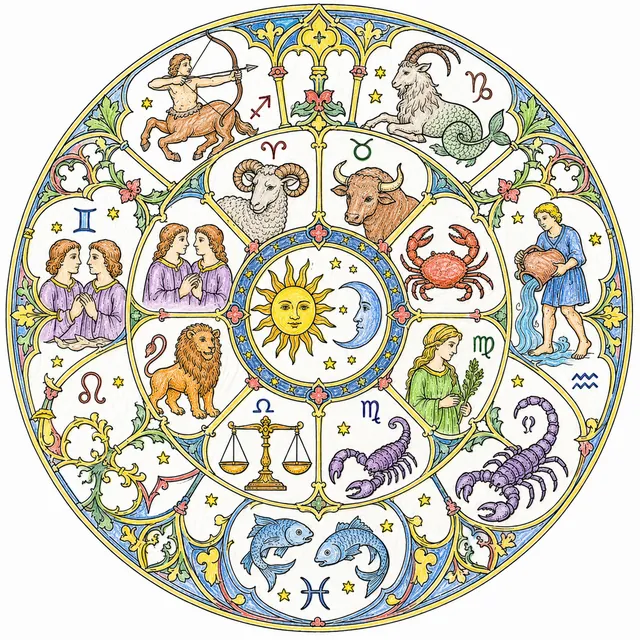 Mandala Ausmalbild zwölf mittelalterliche Tierkreiszeichen von Widder bis Fische in konzentrischen Ringen