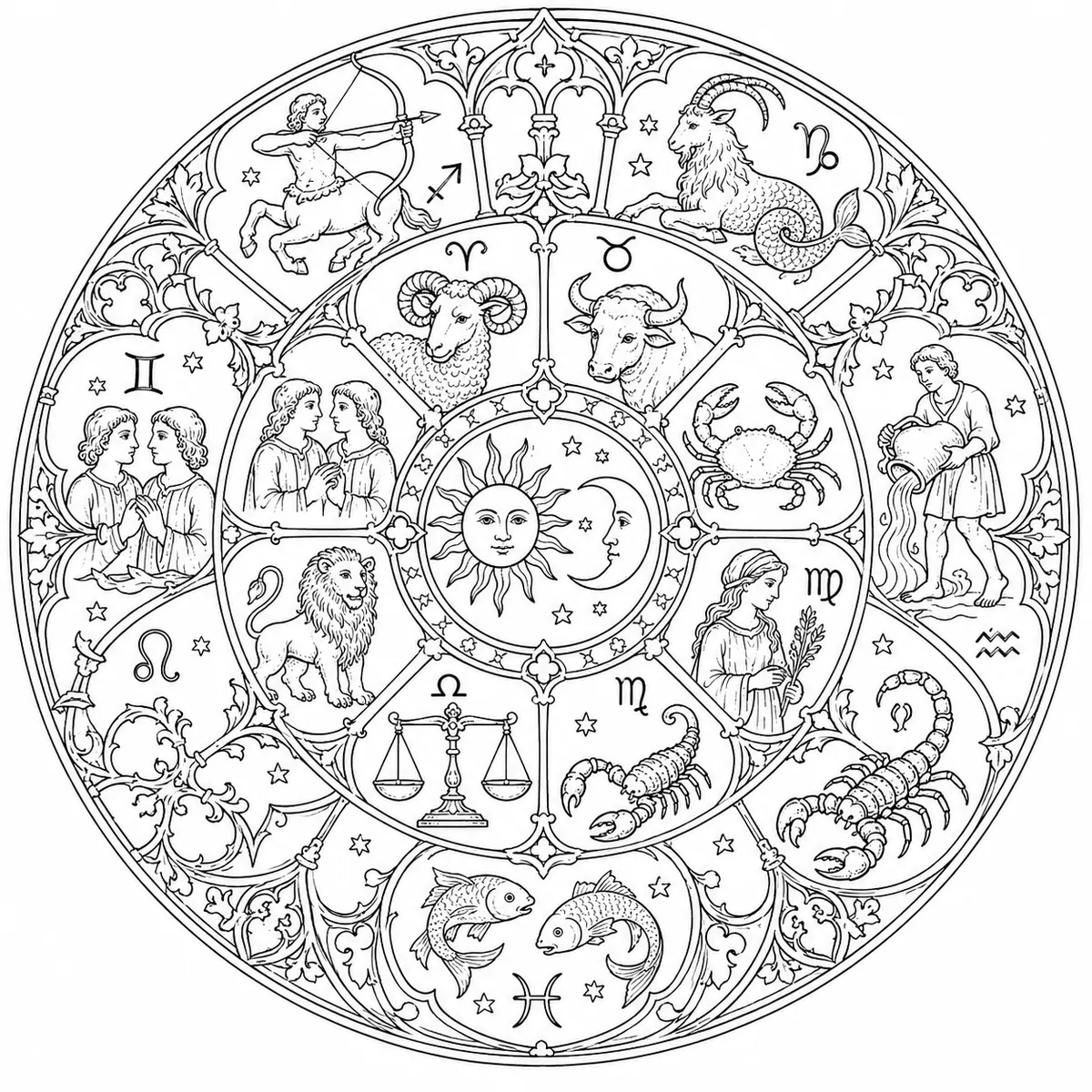 Mandala Ausmalbild zwölf mittelalterliche Tierkreiszeichen von Widder bis Fische in konzentrischen Ringen