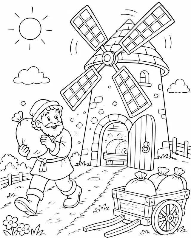Der Müller mahlt Korn in der Windmühle