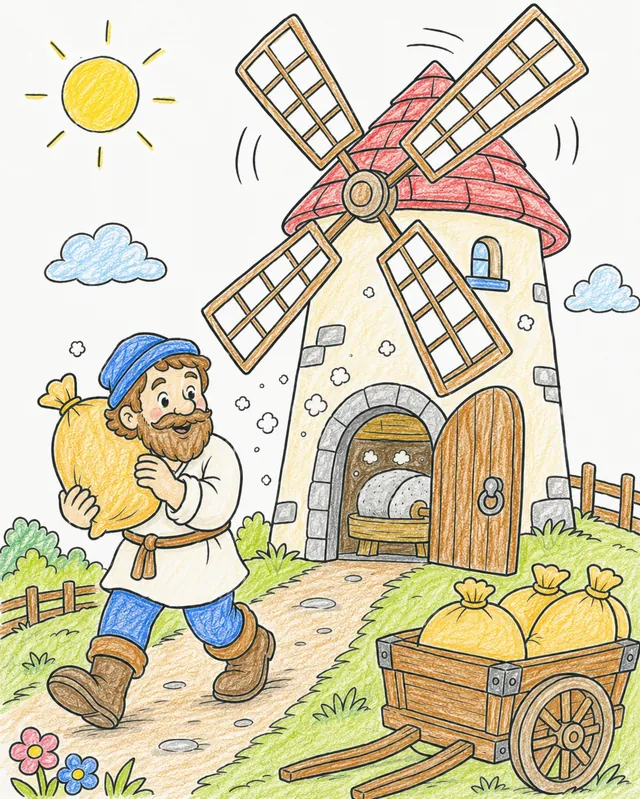 Ausmalbild Müller trägt Getreidesäcke in Windmühle mit drehenden Flügeln