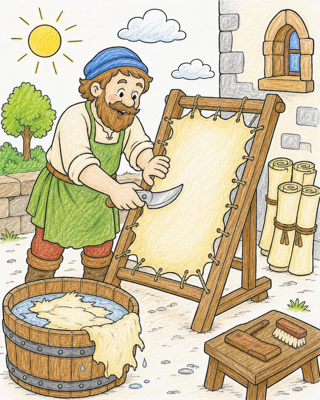 Ausmalbild Pergamentmacher schabt Schafshaut auf Spannrahmen mit Mondmesser