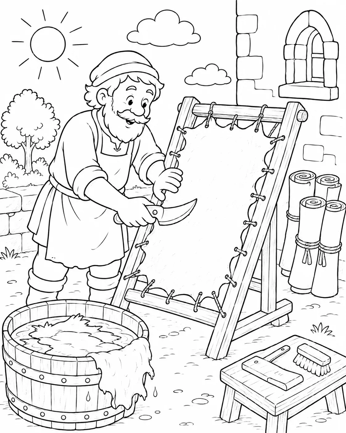 Ausmalbild Pergamentmacher schabt Schafshaut auf Spannrahmen mit Mondmesser