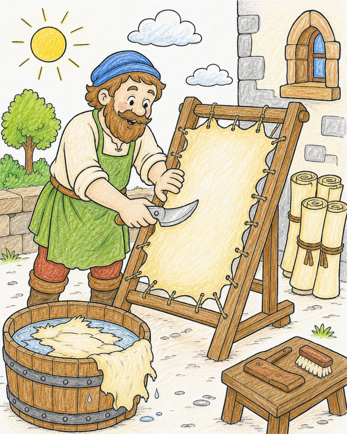 Der Pergamentmacher spannt das Fell