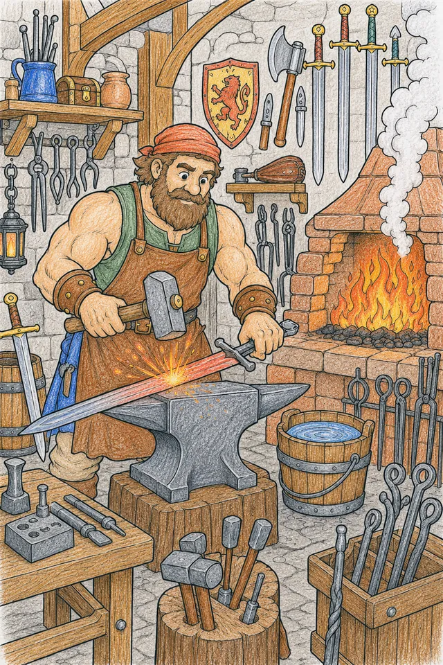 Ausmalbild Waffenschmied hämmert glühende Schwertklinge am Amboss, fertige Schwerter an der Wand