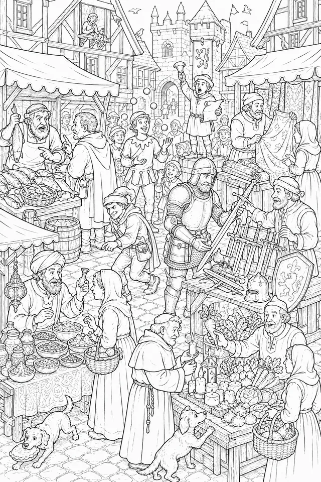 Wimmelbild: Der mittelalterliche Stadtmarkt
