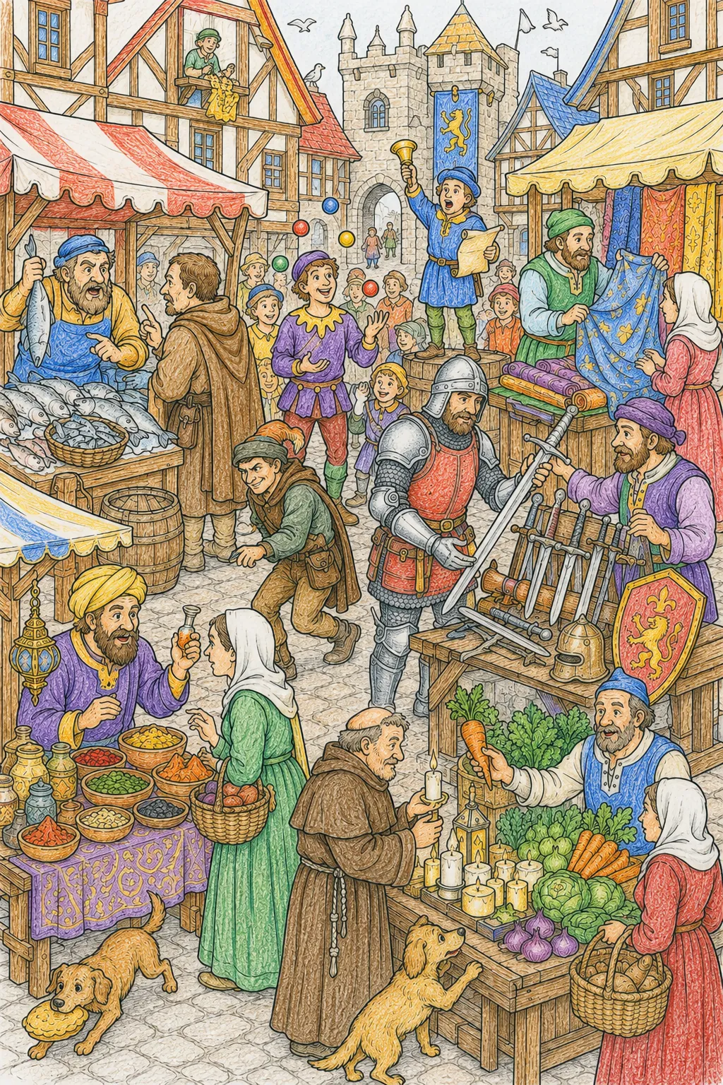 Wimmelbild: Der mittelalterliche Stadtmarkt
