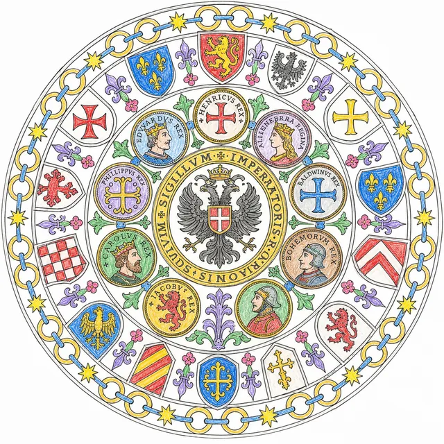 Mandala Ausmalbild mittelalterliche Münzen und Wappenschilde mit Adlersiegel im Zentrum