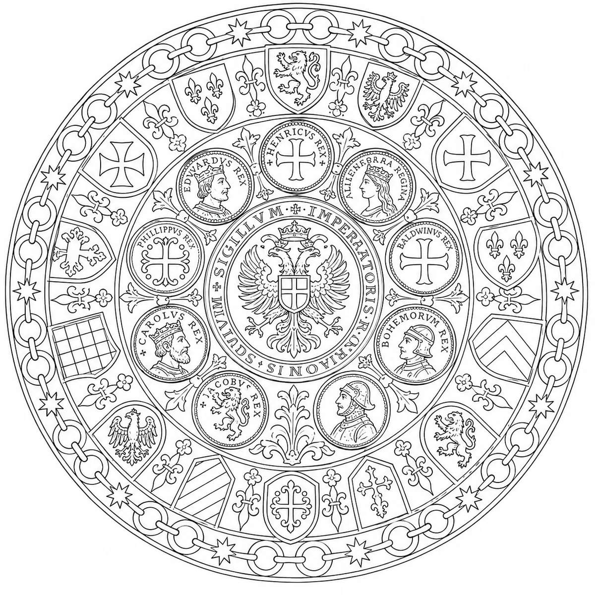 Mandala Ausmalbild mittelalterliche Münzen und Wappenschilde mit Adlersiegel im Zentrum