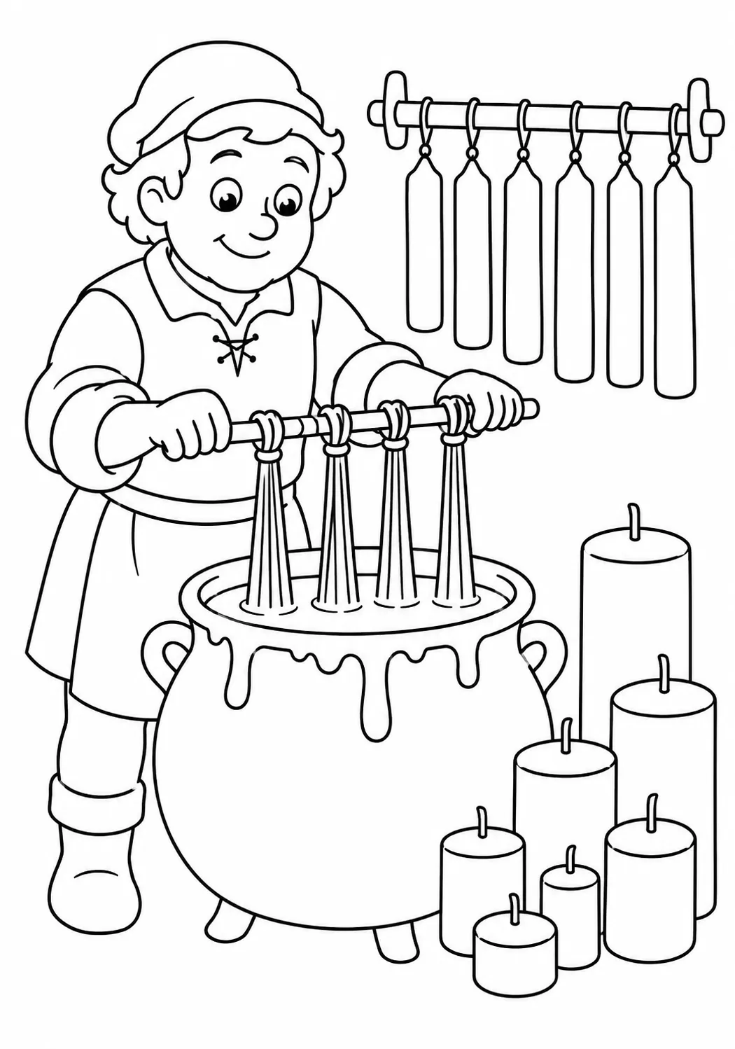 Coloring page candle maker dipping wicks in wax pot, candles hanging to dry