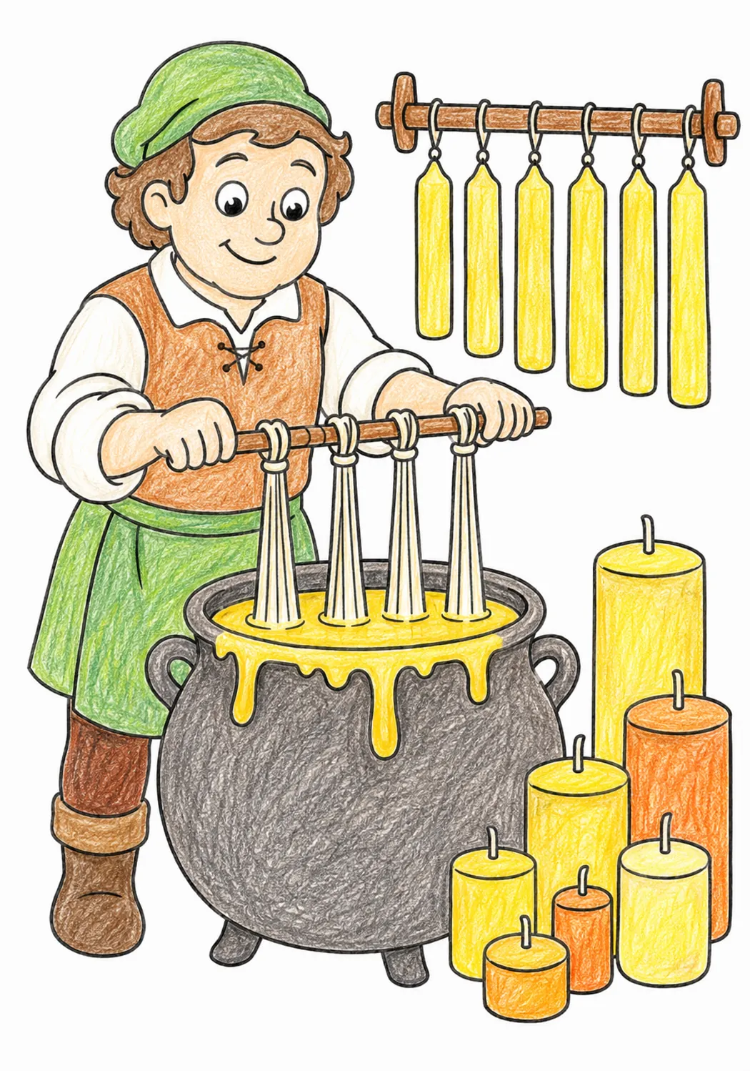 The Candle Maker Dipping Wicks in Wax