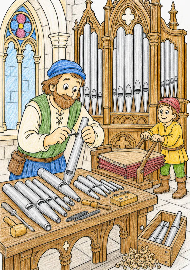 Ausmalbild Orgelbauer stimmt Metallpfeifen, teilmontierte Orgel und Gehilfe am Blasbalg im Hintergrund