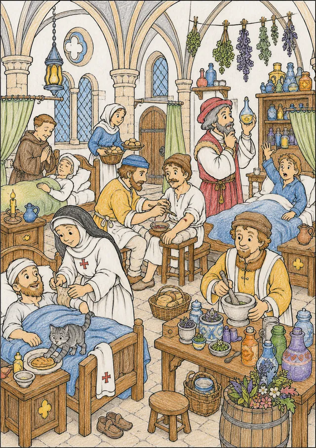 Wimmelbild Ausmalbild mittelalterliches Spital mit Ärzten, Mönchen, Pflegern und Patienten