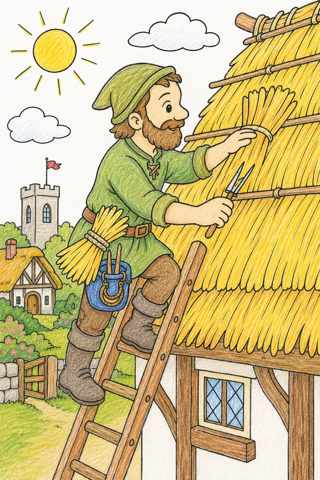 Ausmalbild Dachdecker auf Leiter legt Strohbündel auf Cottachdach, Dorf im Hintergrund