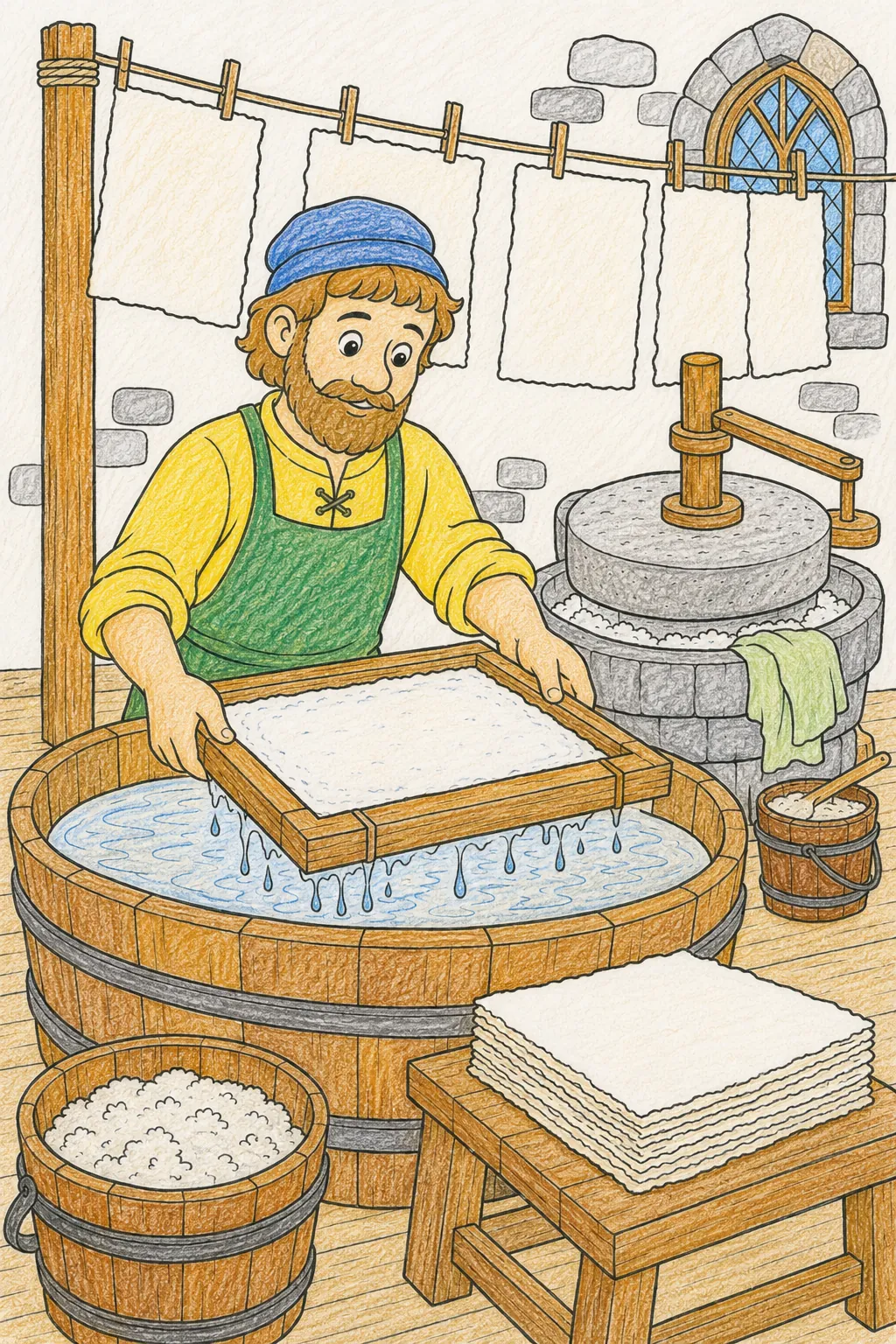 Der Papiermacher schöpft Papier aus dem Sieb