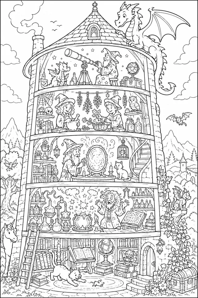 Wimmelbild: Im Inneren des Zaubererturms
