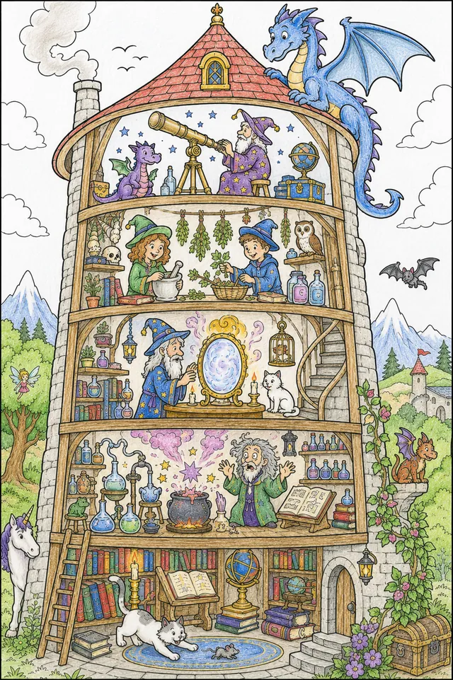 Wimmelbild Ausmalbild Zaubererturm-Querschnitt mit Drachen auf dem Dach und Zauberlehrlingen