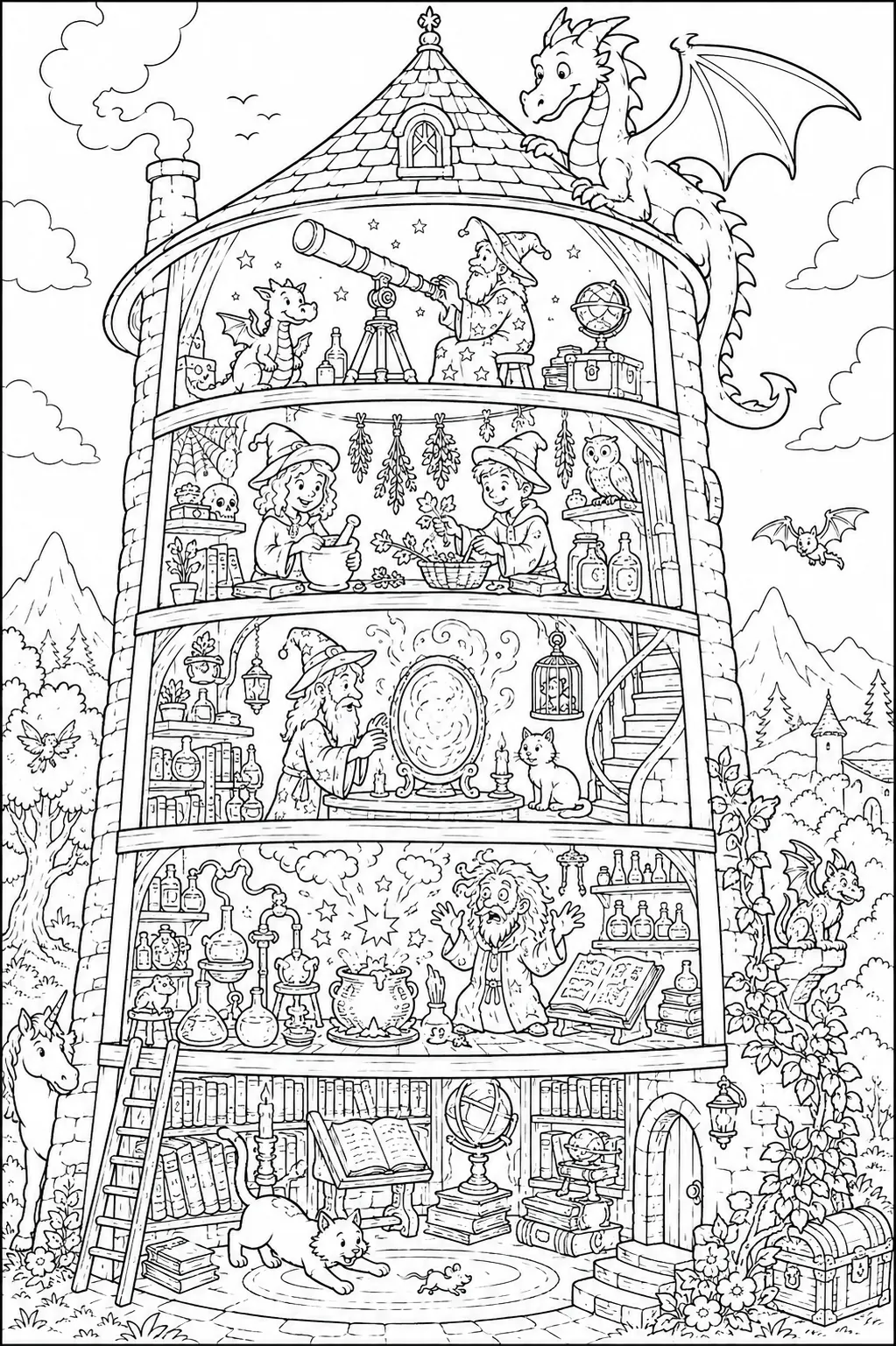 Wimmelbild Ausmalbild Zaubererturm-Querschnitt mit Drachen auf dem Dach und Zauberlehrlingen