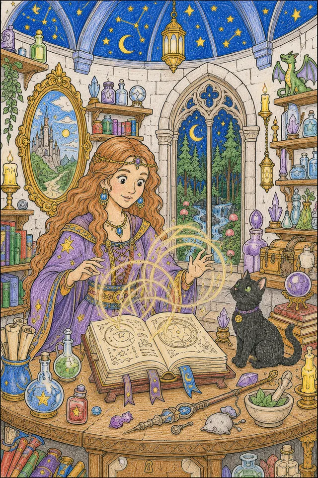 Ausmalbild Hexenmeisterin beschwört Runenzauber aus Grimoire, schwarze Katze und Zauberspiegel im Hintergrund