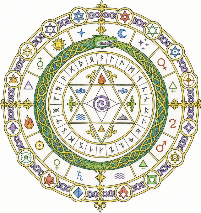 Mandala Ausmalbild magisches Runensigel mit Sechsstern, Ouroboros-Schlange und Futhark-Runen