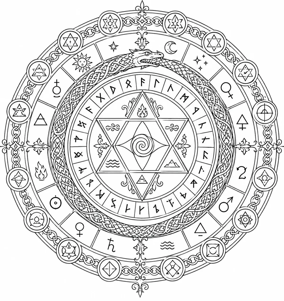 Mandala Ausmalbild magisches Runensigel mit Sechsstern, Ouroboros-Schlange und Futhark-Runen